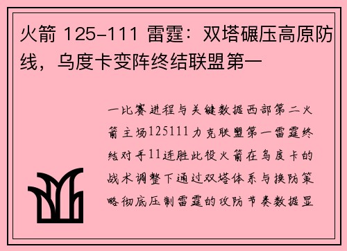 火箭 125-111 雷霆:双塔碾压高原防线,乌度卡变阵终结联盟第一 火箭 125-111 雷霆:双塔碾压高原防线,乌度卡变阵终结联盟第一